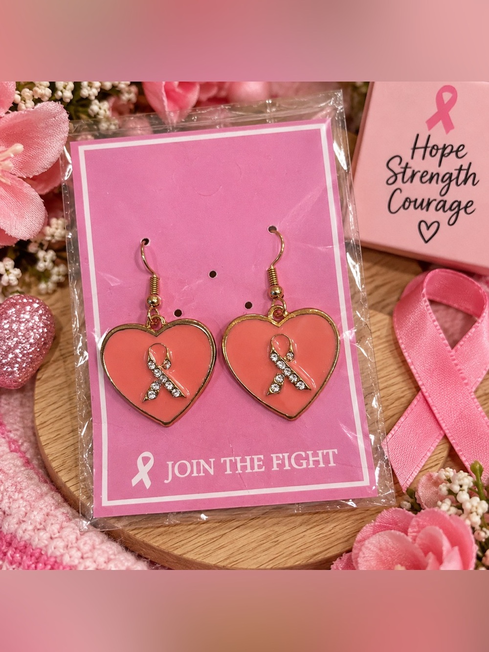 💗 Breast Cancer Awareness Heart Ribbon Earrings
